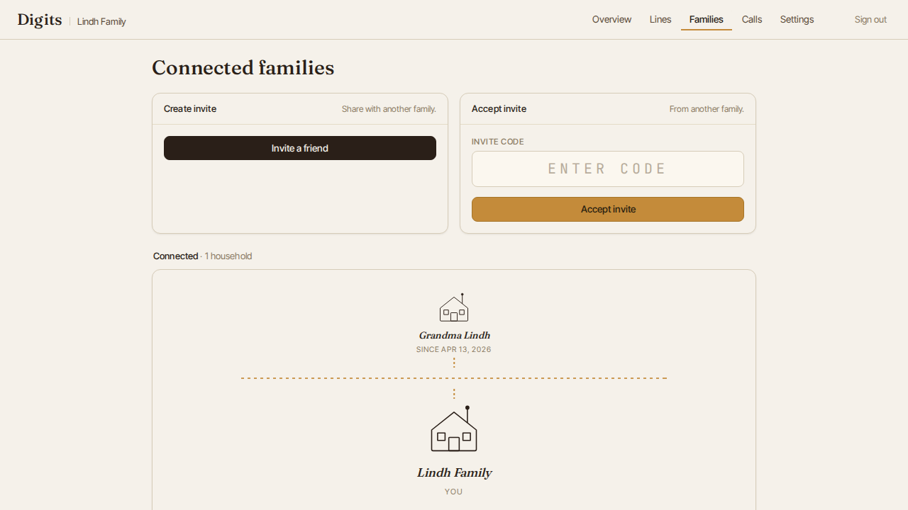 Connected Families view with a hub-and-spoke diagram of linked households